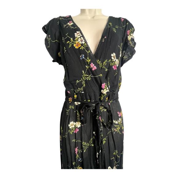 Urban Outfitters Marie Prairie Floral Wrap Jumpsuit Black 4 Boho wide leg Sheer - Picture 5 of 10